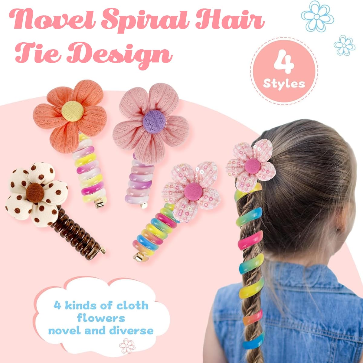 MAYCREATE® 4pcs Spiral Hair Ties for Girls Kids Cute Flower Braids Telephone Wire Hair Band for Kids Elastic Hair Tie Ponytail Holder Maker Hair Accessories for Girls Children Gift