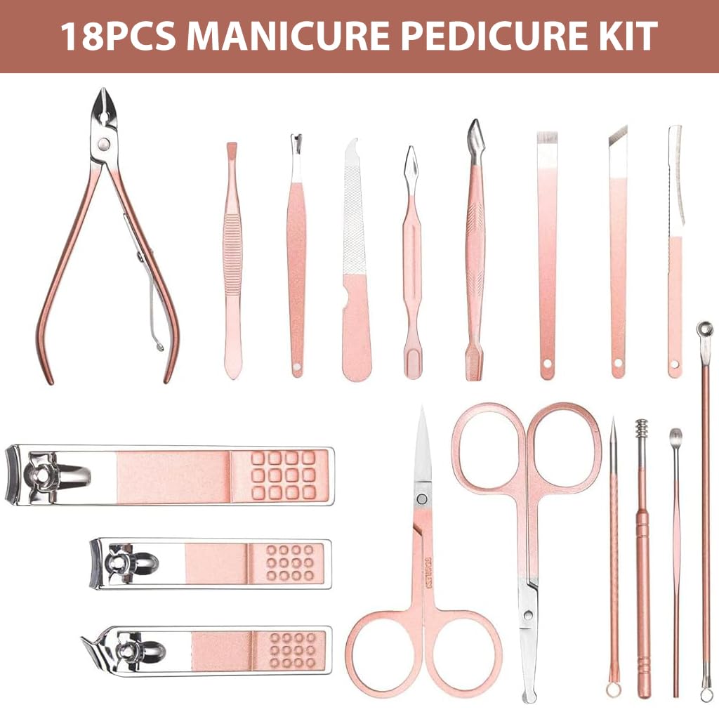 MAYCREATE Pedicure Kit for Women with 18 in1 Stainless Steel Tools and Leather Travel Case | Pink Manicure Set