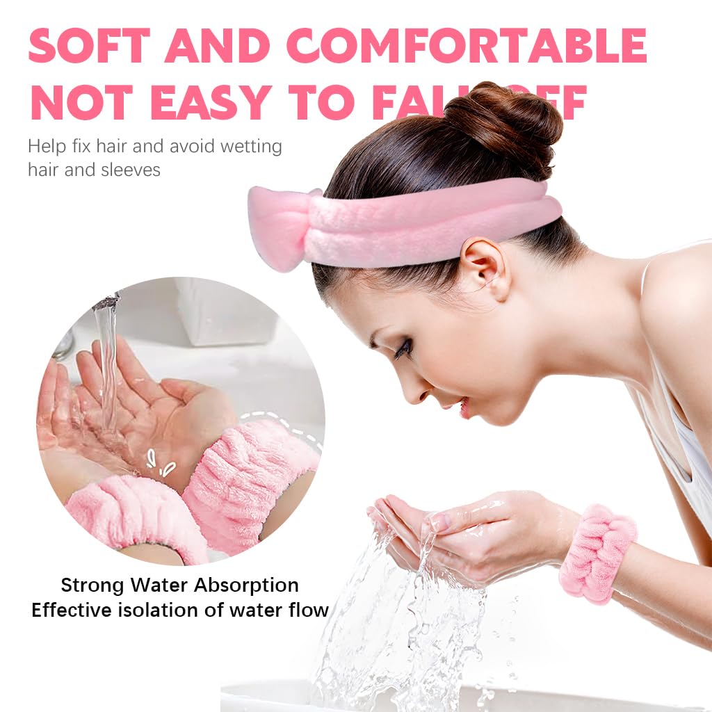 MAYCREATE Hairband Set for Skincare and Face Wash with 9Pcs Soft Sponge Pads | Pink Bow Design