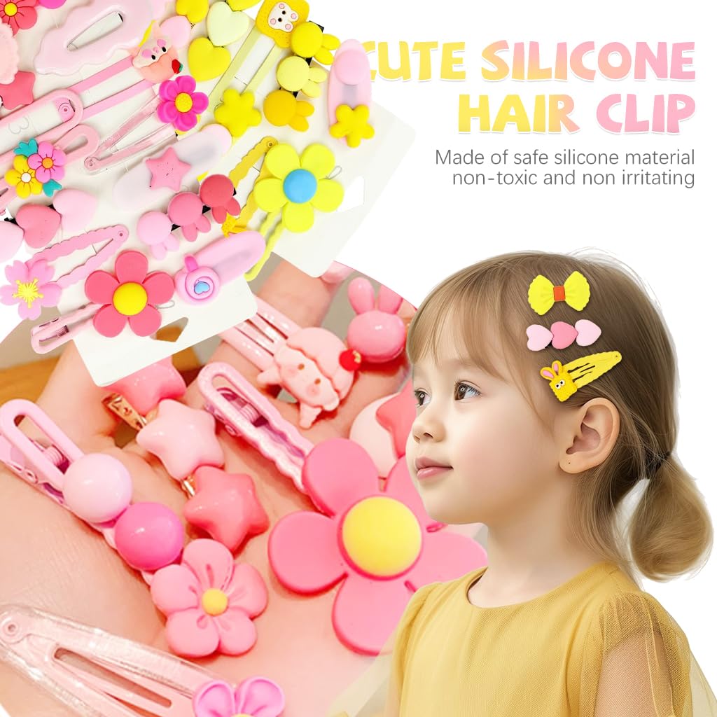 MAYCREATE Hair Clips for Girls 28Pcs Set with Unique Cartoon Designs in Pink and Yellow | Cute Gift Accessory for Kids