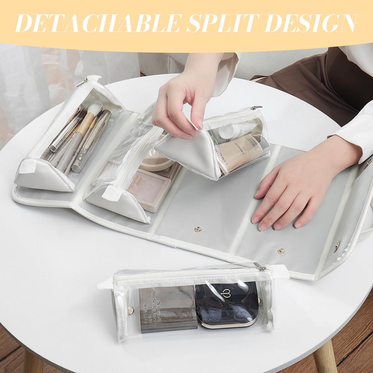 MAYCREATE Travel Makeup Bag with 4 Clear PVC Zipper Pouches and Snap Button Design | Foldable PU Organizer for Toiletries and Accessories