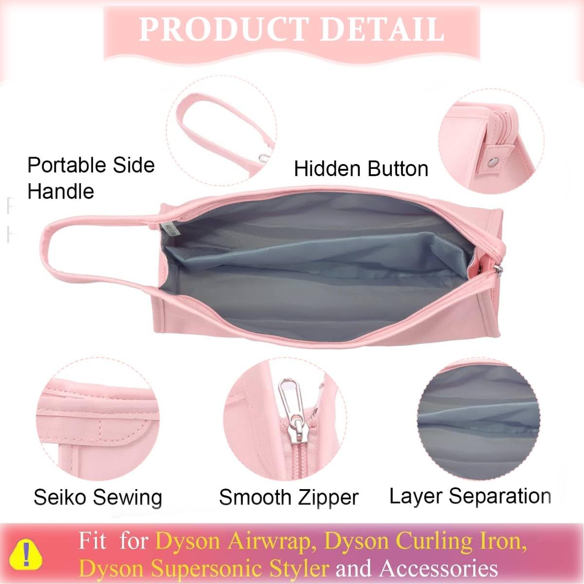 MAYCREATE PU Leather Travel Case for Airwrap Styler featuring 2 Compartments and 39.5×22 cm Size | Waterproof Pink Storage Bag