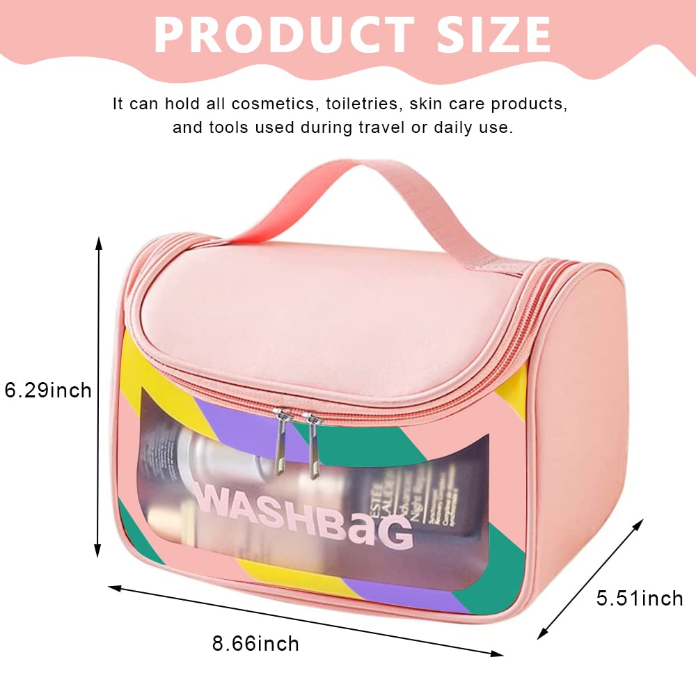 MAYCREATE Travel Cosmetic Bag for Women with Dual Zipper and Mesh Pouch, Pink 22.5×16.5×15.2cm | Waterproof PVC Makeup Organizer