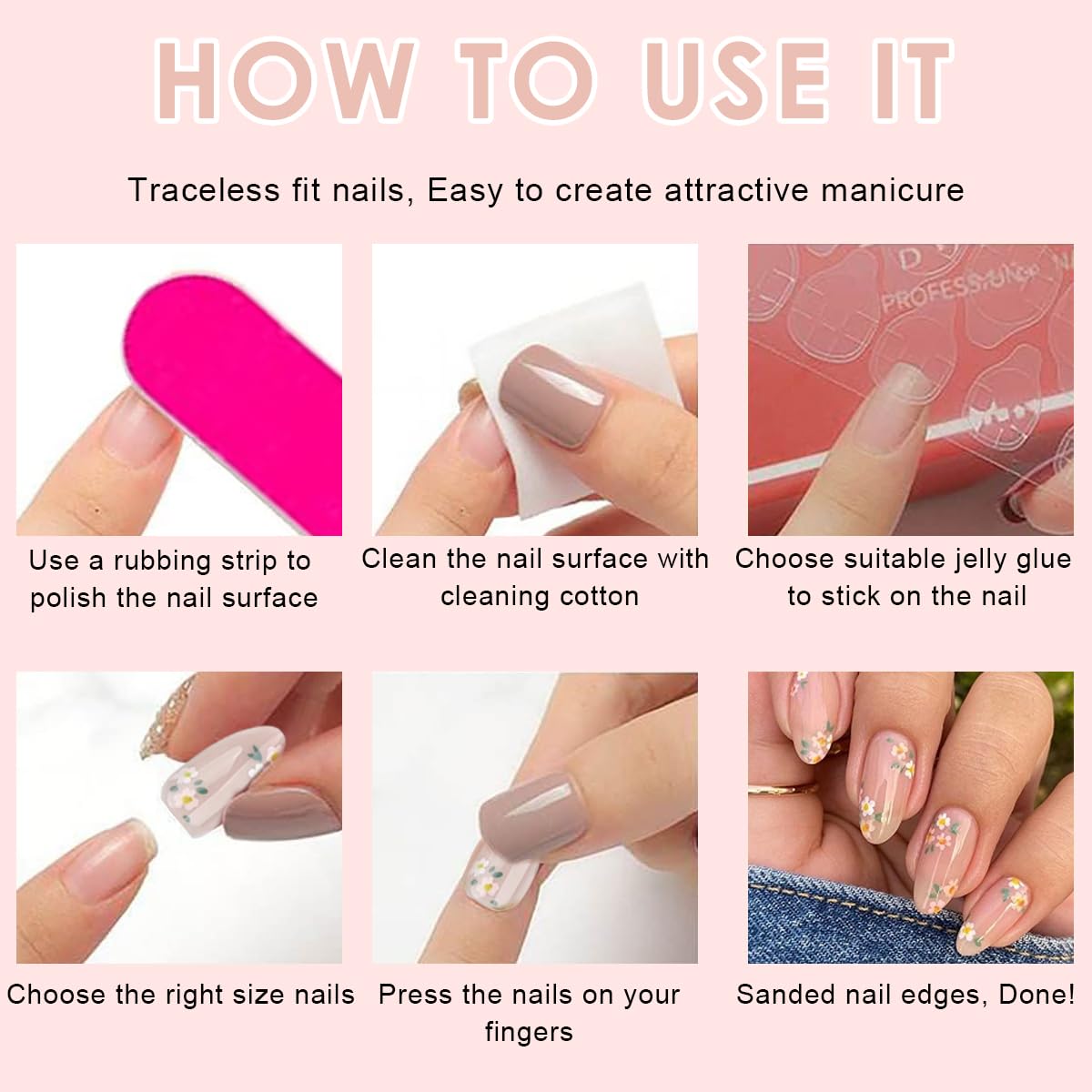 MAYCREATE Press On Nail Set for Everyday Wear with 24Pcs Almond Sizes and Adhesive Tabs | Pink Floral Resin Design