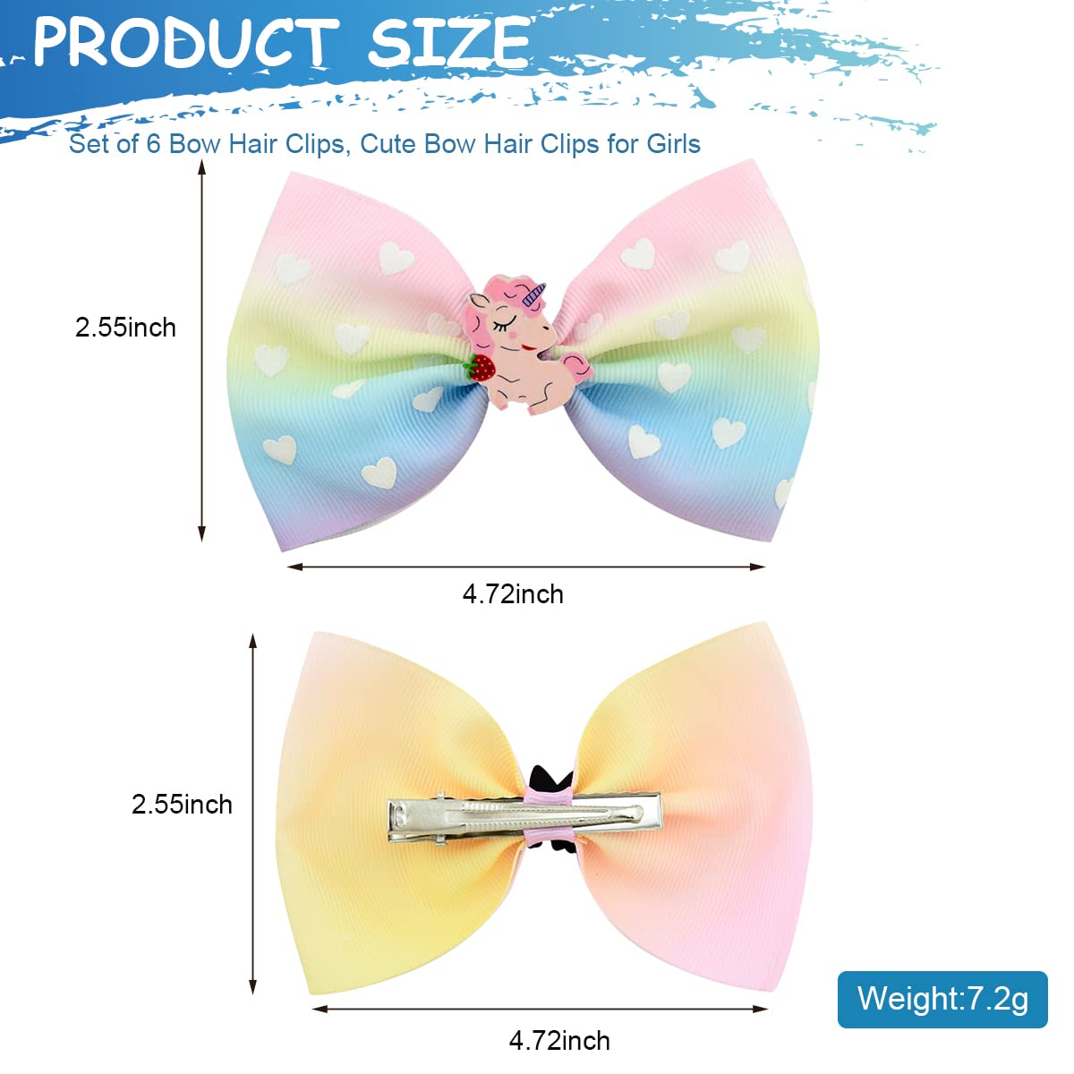 MAYCREATE® 6 Pcs Hair Bows for Kids Girls Rainbow Alligator Bow Hair Clips Stylish Cartoon Unicorn Mermaid Grosgrain Hair Accessories for Girls