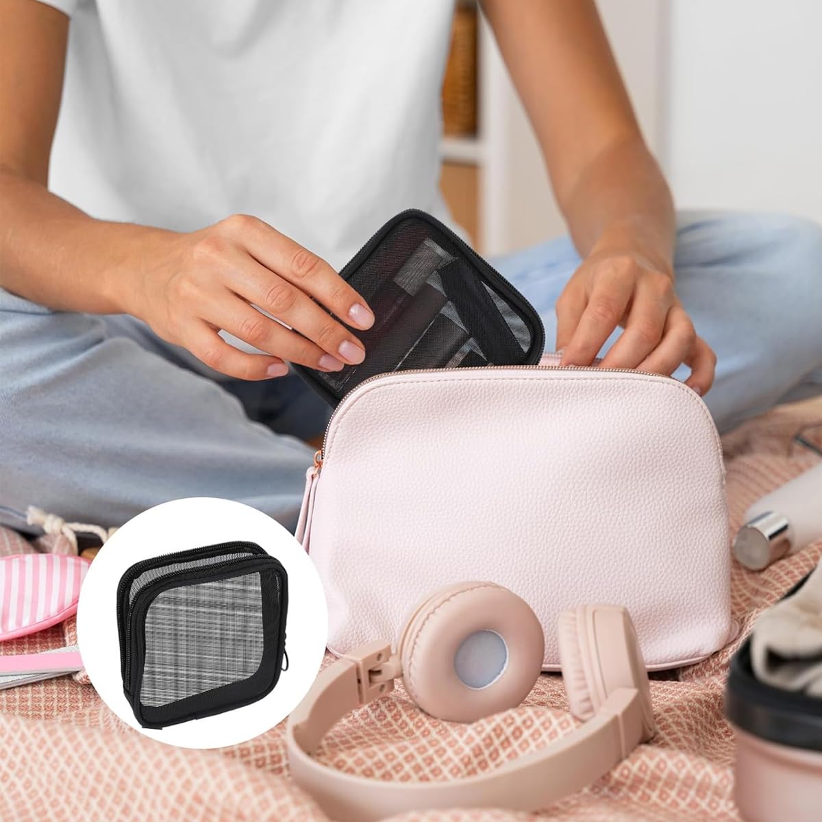 MAYCREATE Makeup Bag for Travel and School featuring Secure Zipper Closure | Black Nylon 4.7 in Portable Pouch