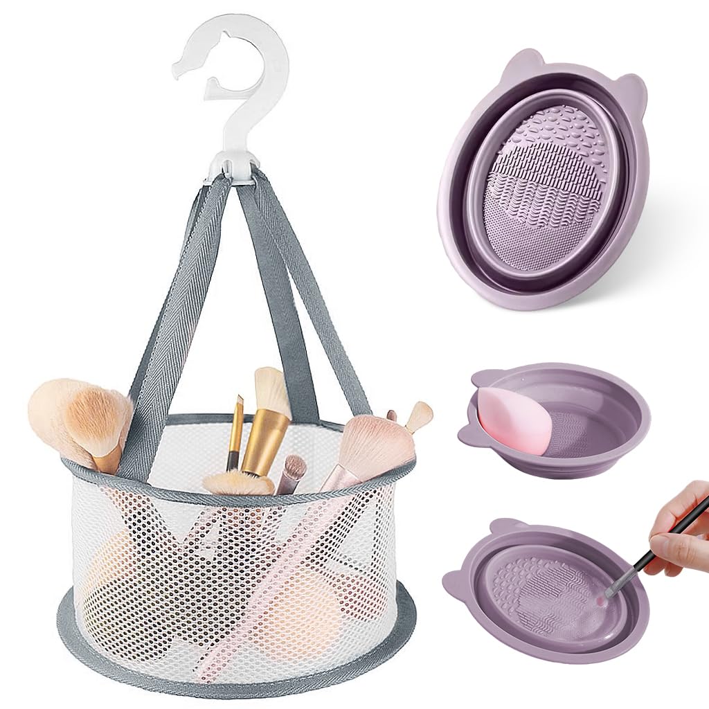 MAYCREATE Makeup Brush Cleaner Mat for Brushes and Sponges with Textured Patterns | Foldable Silicone Cleaning Bowl and Hanging Drying Net