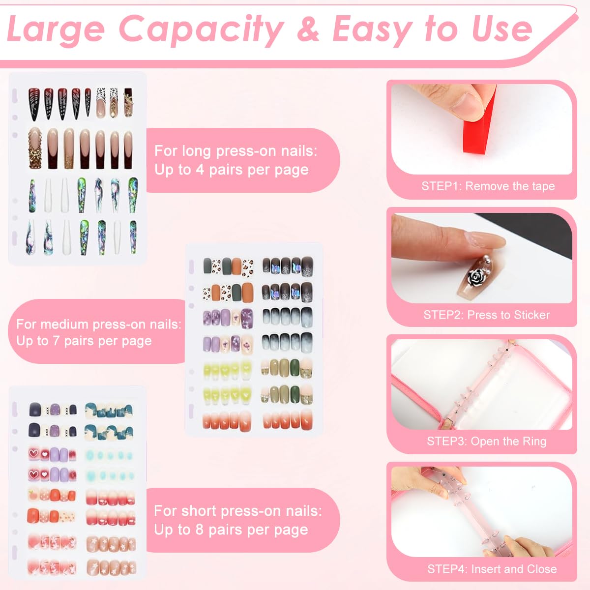 MAYCREATE Press On Nail Organizer with 4 Insert Pages and Acrylic Tape, Pink | Reusable A5 Nail Storage Book