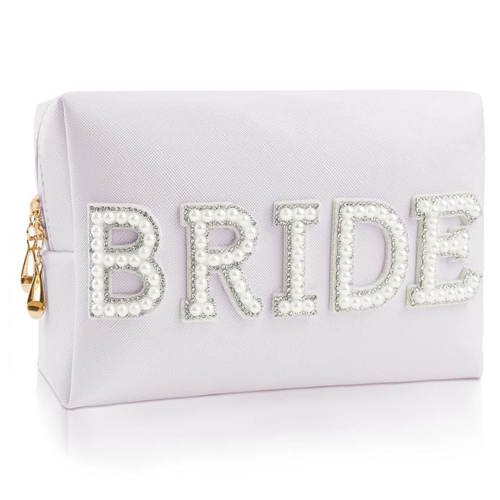 MAYCREATE Bride Makeup Pouch for Weddings featuring Pearl Rhinestones and Zipper Closure 20.5x8x12.5cm
