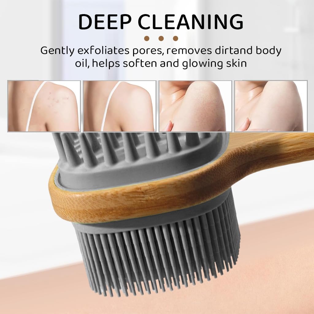 MAYCREATE Silicone Back Scrubber for Shower with Dual Sided Brush and Wooden Handle | Black