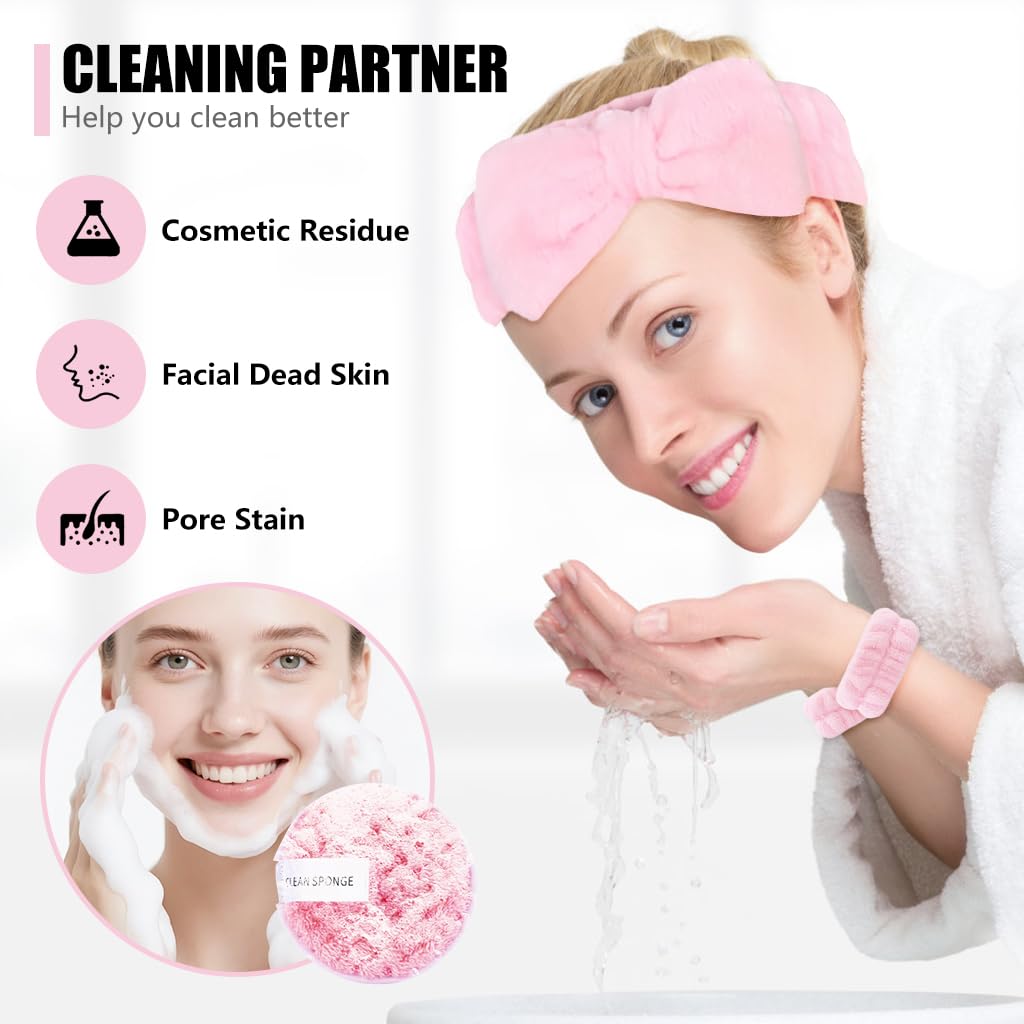 MAYCREATE Makeup Brushes Set for Daily Beauty Routine with 40 Pieces in Stylish Pink | Includes Sponges Headband and Face Pads