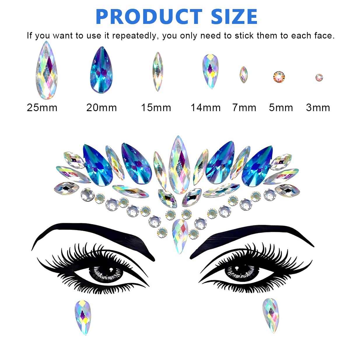 MAYCREATE Face Gems for Festival and Party Makeup featuring Self Adhesive Acrylic Rhinestones | Blue Crystal Face Stickers for Women and Girls