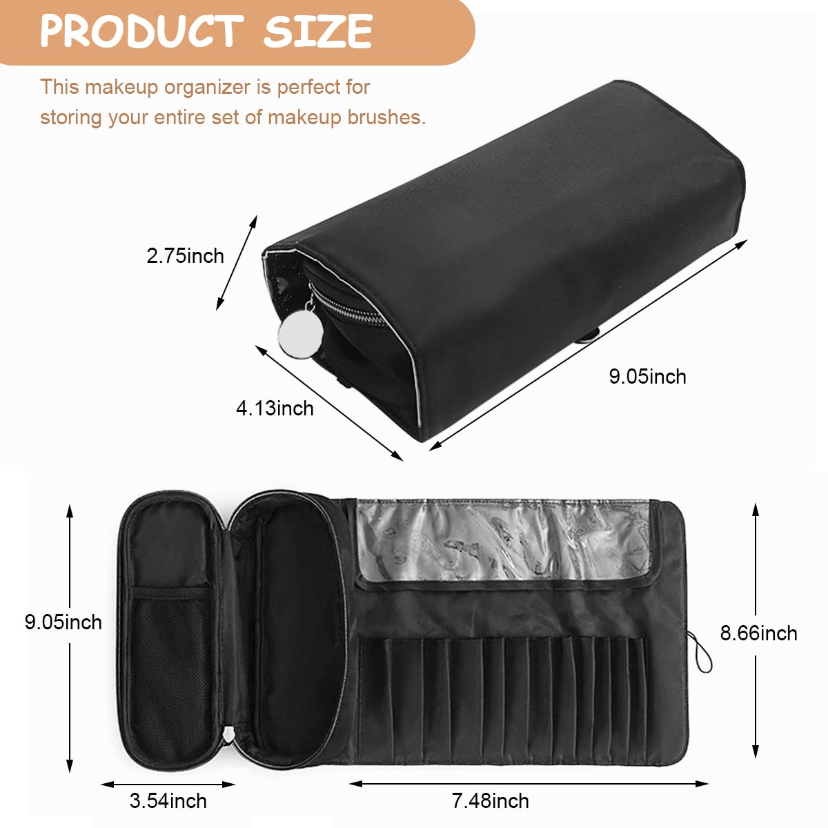 MAYCREATE Makeup Brush Holder for Travel with 12 Sleeves and Roll Up Design | Black Polyester