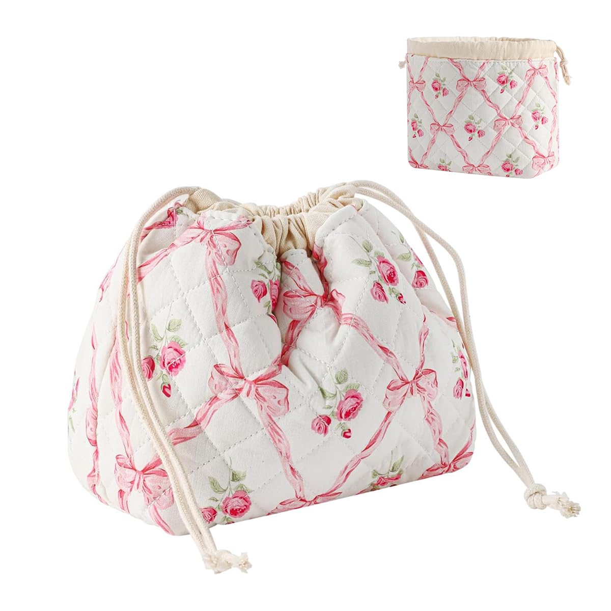 MAYCREATE® Drawstring Makeup Pouch Bag, Soft Cotton Quilting Floral Makeup Bag for Women, Fashion Pinky Bow Small Toiletry Pouch for Women Travel & Daily - 17x17x9cm