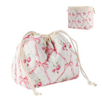 MAYCREATE® Drawstring Makeup Pouch Bag, Soft Cotton Quilting Floral Makeup Bag for Women, Fashion Pinky Bow Small Toiletry Pouch for Women Travel & Daily - 17x17x9cm