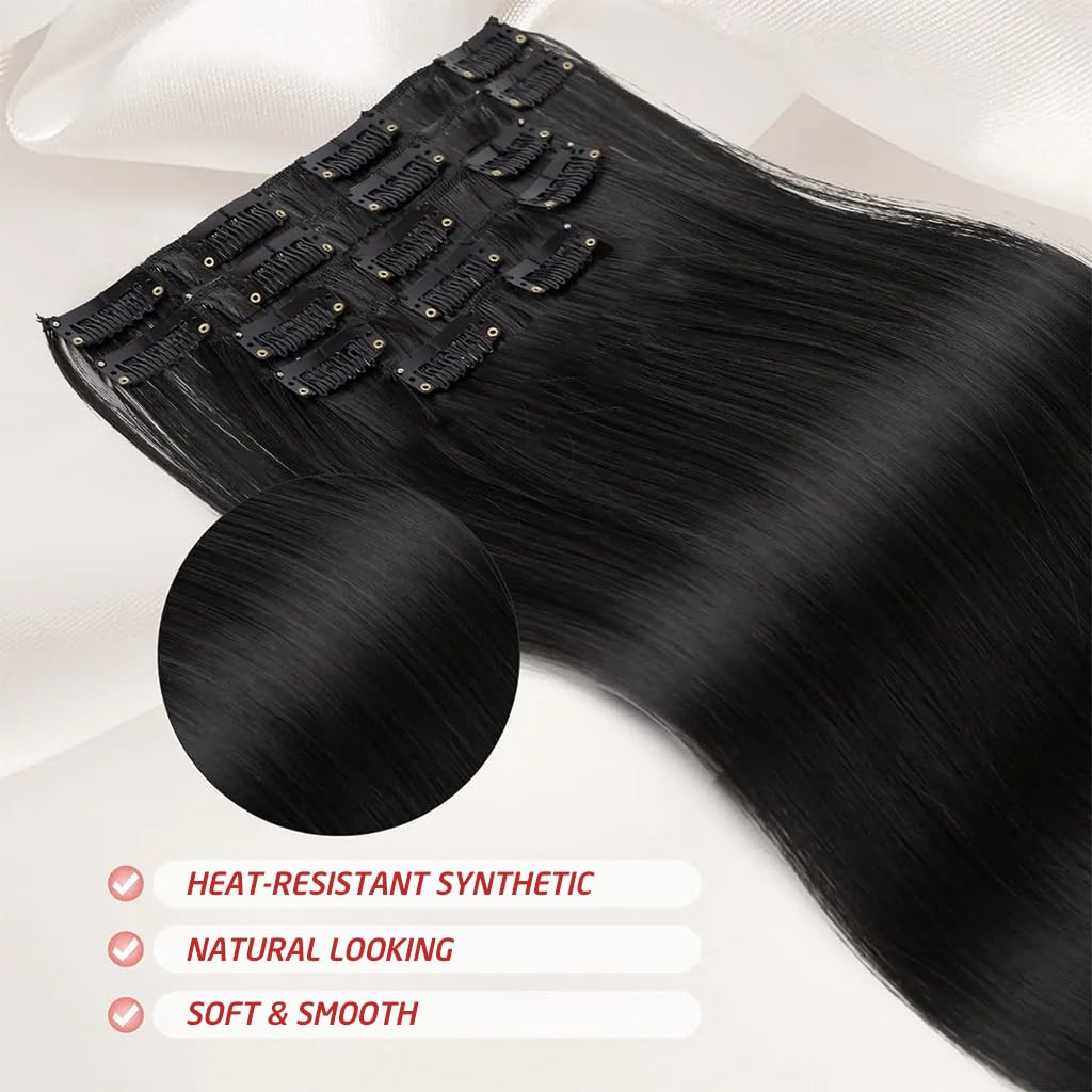 MAYCREATE 7Pcs Hair Extensions for WomenClip Type Black Straight Hair Extension Clips for Women Invisible Natural 22'' Long Seamless Hair Extensions Double Weft