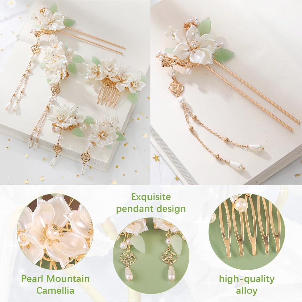 MAYCREATE Hair Accessories Set for Elegant Updos featuring 5 Camellia Pearl Pins | Alloy Design