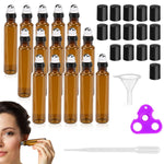 MAYCREATE Glass Roller Bottles for Essential Oils 15 pcs 10 ml featuring Stainless Steel Roller Bead and Amber Glass | Includes Funnel & Cap Opener
