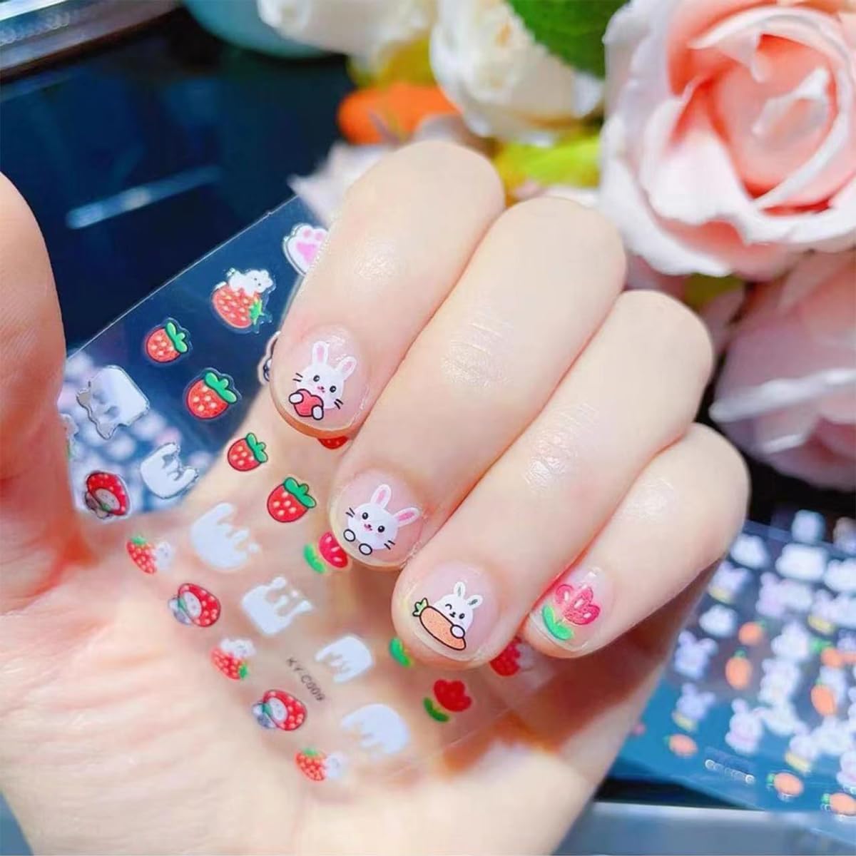MAYCREATE Cartoon Rabbit Nail Art Stickers for DIY Kids Manicure with 30 Sheets | 3D Self-Adhesive Safe Decals