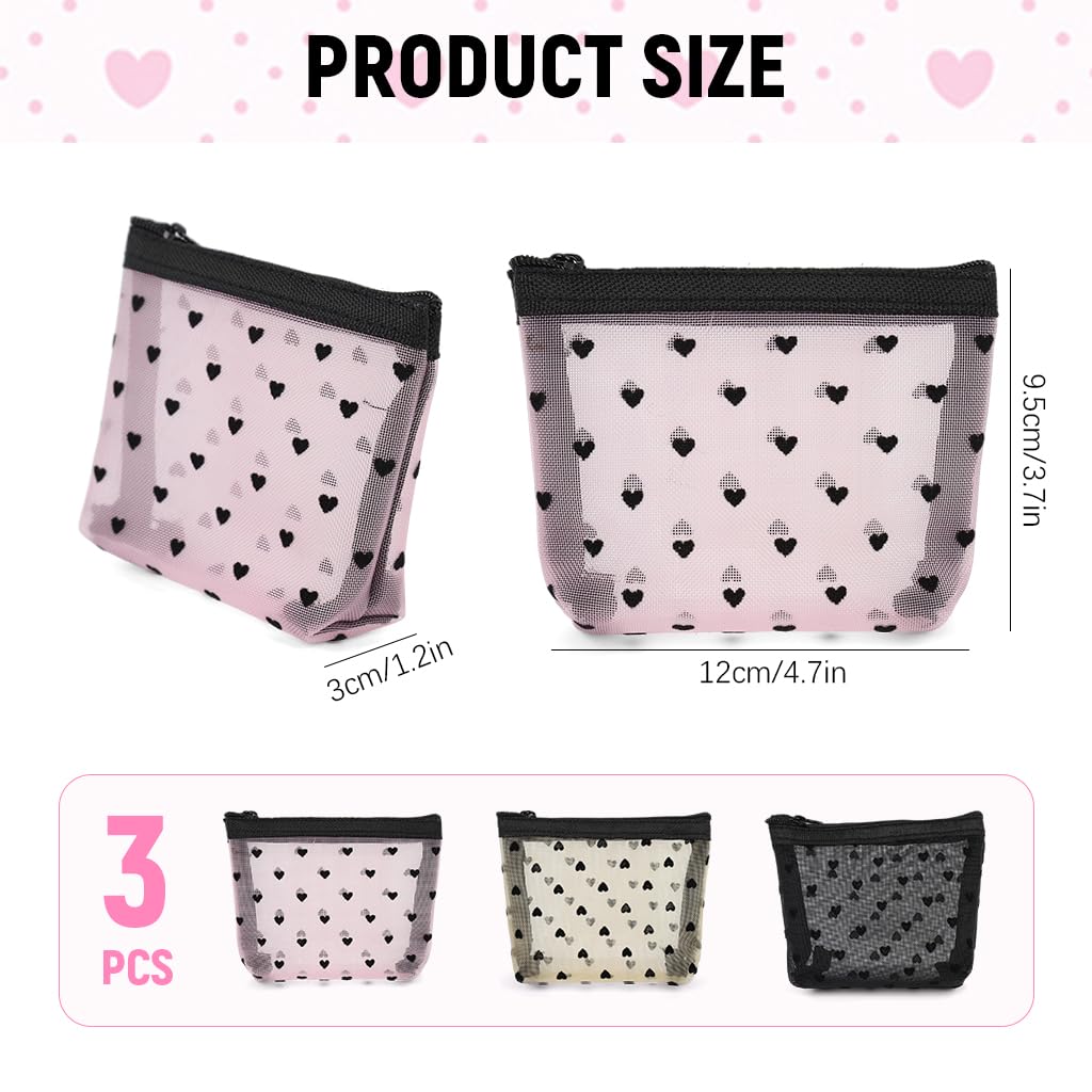 MAYCREATE Small Pouches for Women with Zipper and See Through Mesh 3Pcs 12x9cm | Heart Print Makeup Organizer