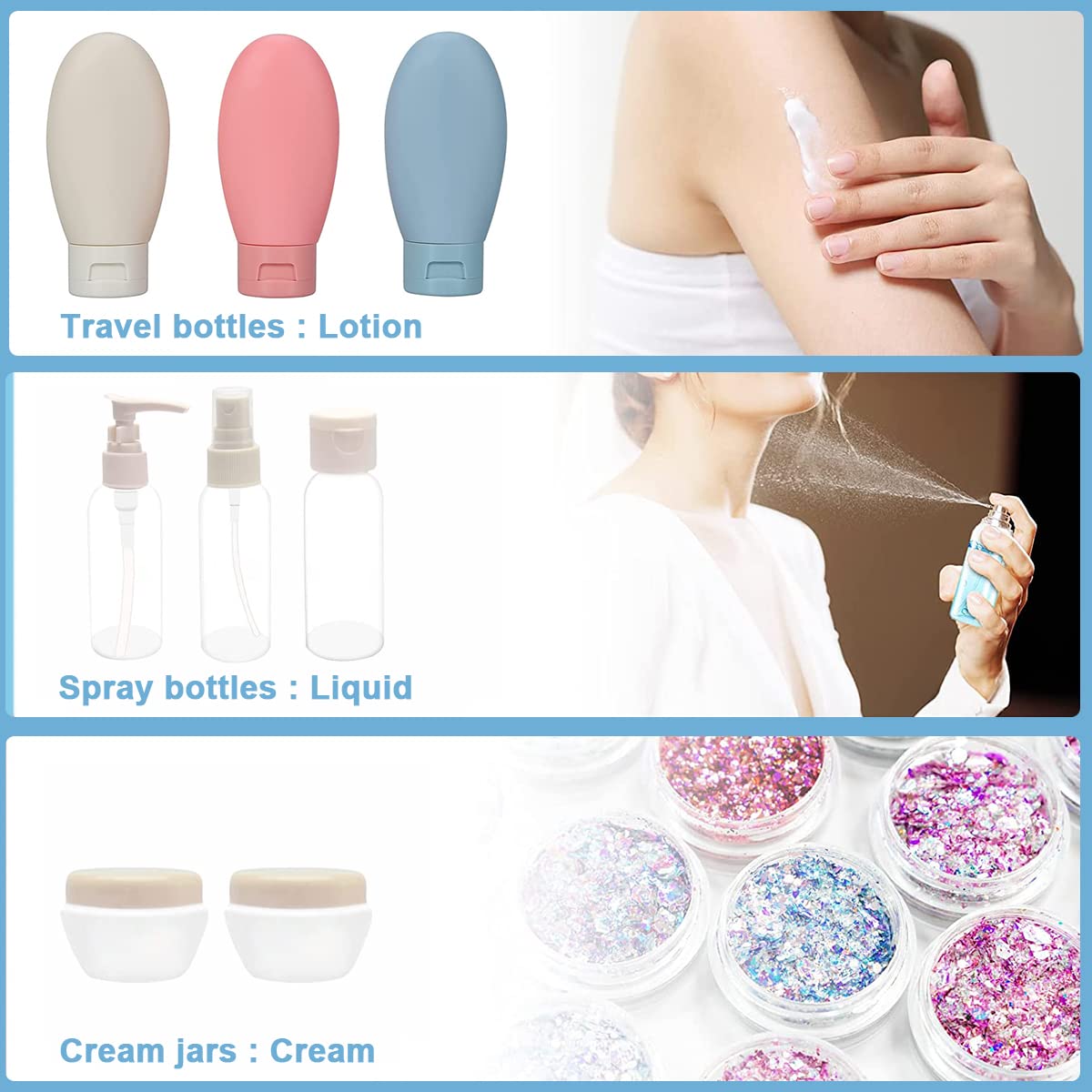 MAYCREATE Travel Bottles Set for Toiletries with 11pcs Refillable PET Containers | Leakproof and Easy to Refill