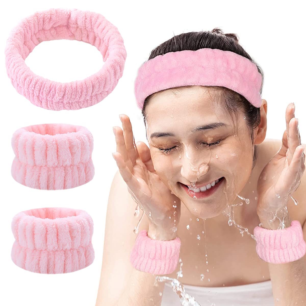 MAYCREATE Face Washing Headband Kit for Skincare and Makeup with Microfiber Fleece | 3Pcs Pink Set