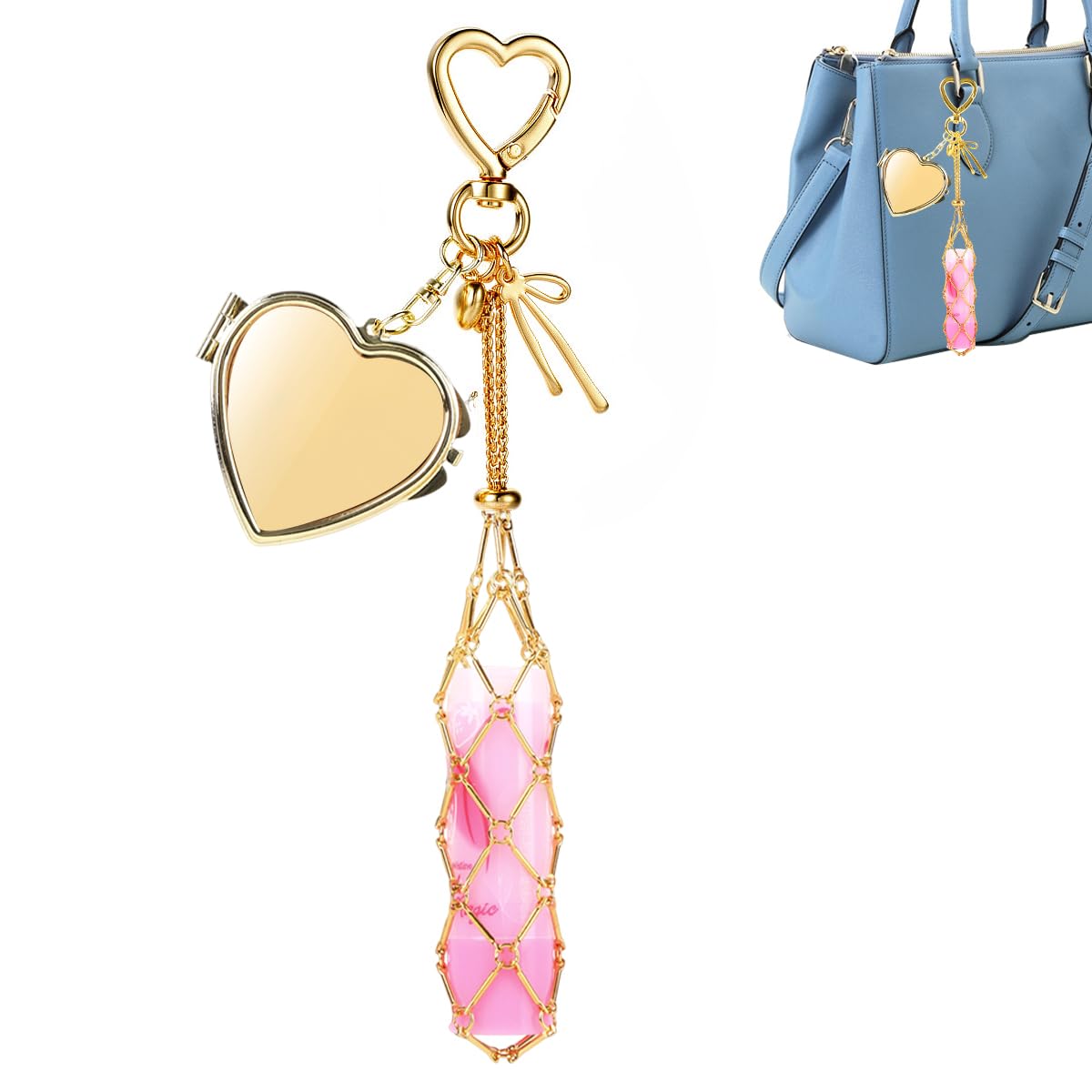 MAYCREATE® Fashion Bag Charm Y2K Metal Lipstick Holder Net Holder with Touch Up Mirror, Golden Heart-Shaped Clasp Design Portable Makeup Lipstick Balm Organizer Chic Bag Link Charm Accessories