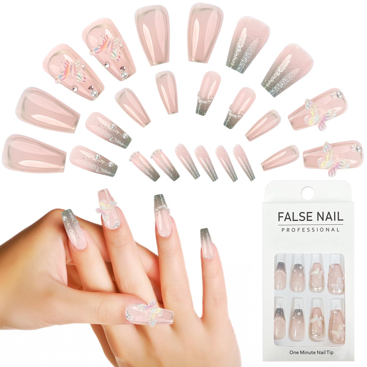 MAYCREATE® 24PCS Coffin Press on Nails Fake Nails Tips Full Cover Medium False Gradient Nails for Women and Girls, Perfect Accessory for Banquets, Soirees, Parties, No Glue