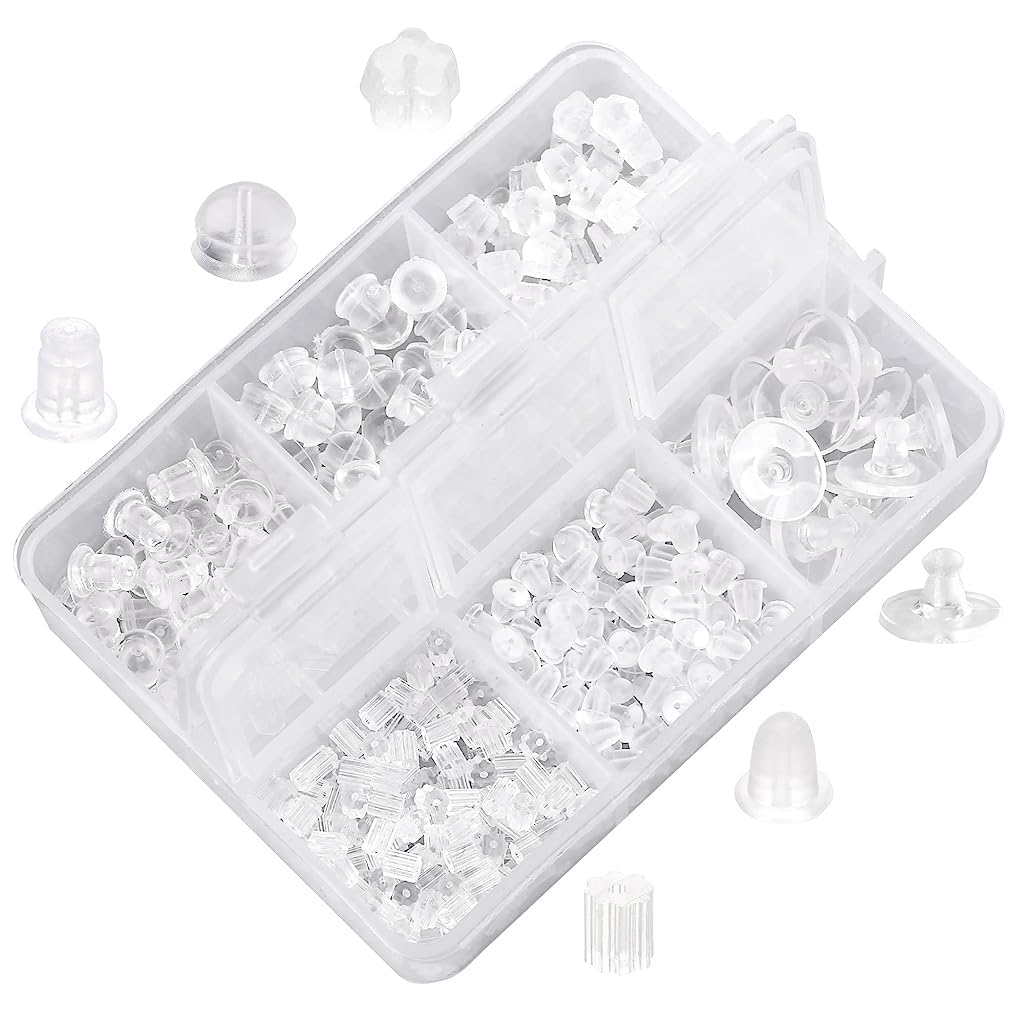 MAYCREATE 550Pcs Earring Backs for Ear Studs, 6 Styles Silicone Rubber Earring Stopper with Box, Soft Clear Earring Clutch Backing Replacement Kits for Fish Hook Earring Studs Hoops