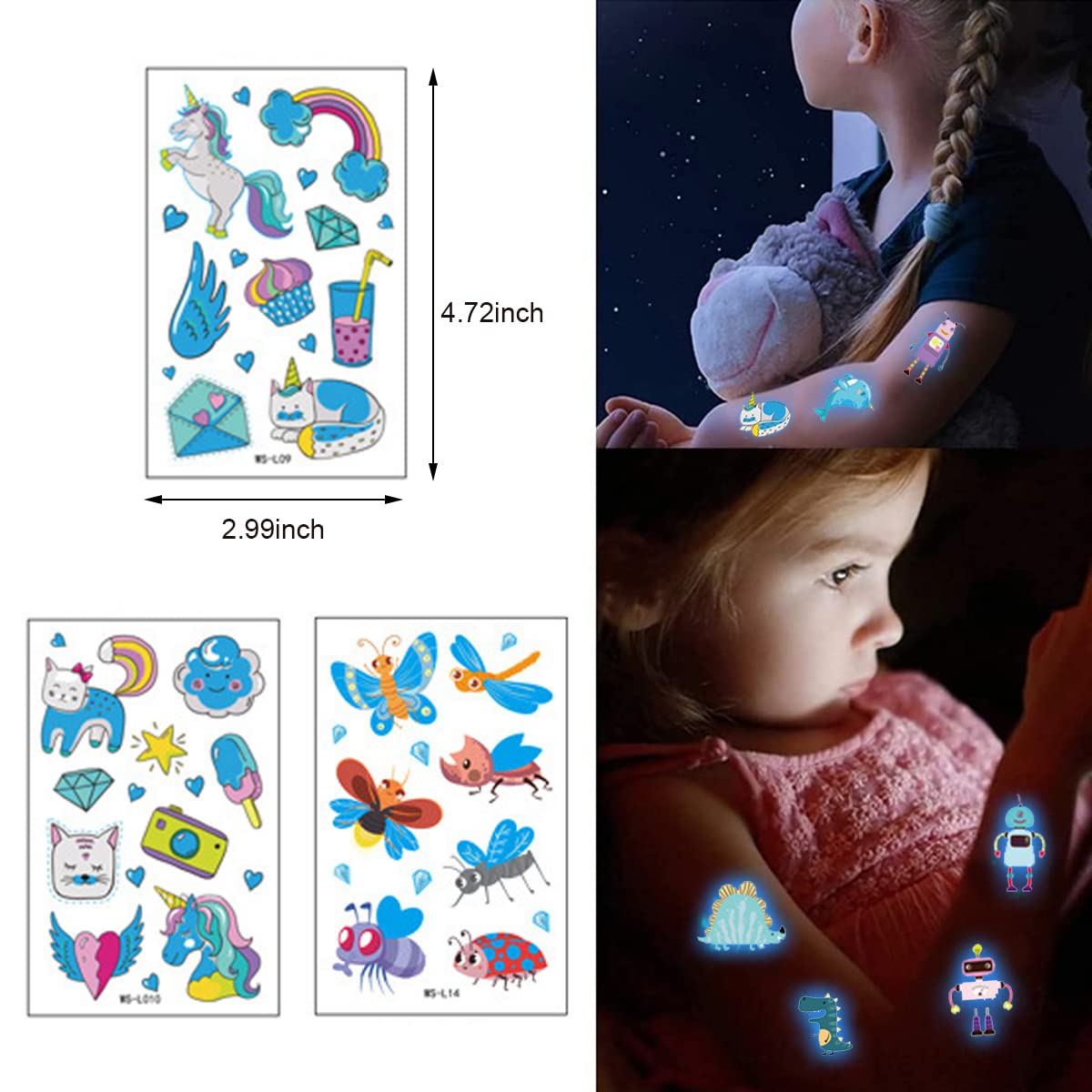MAYCREATE Temporary Tattoo Stickers for Kids with Night Glow Effect and 20 Sheets | Waterproof Marine Theme