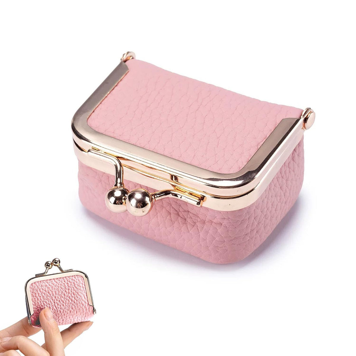 MAYCREATE® Mini Kiss-Lock Jewelry Box, Pink Pebbled PU Leather Travel Organizer for Rings, Earrings, Necklaces, and Pins, Compact Jewelry Case with Gold-Tone Clasp, 6.5x3.5x4.5cm