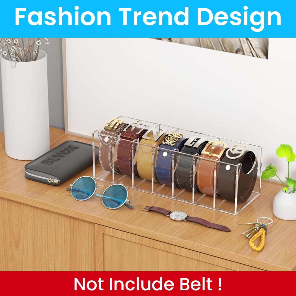 MAYCREATE Belt Organizer for Closet Storage with 7 Compartments acrylic design | Clear Holder for Belts and Accessories