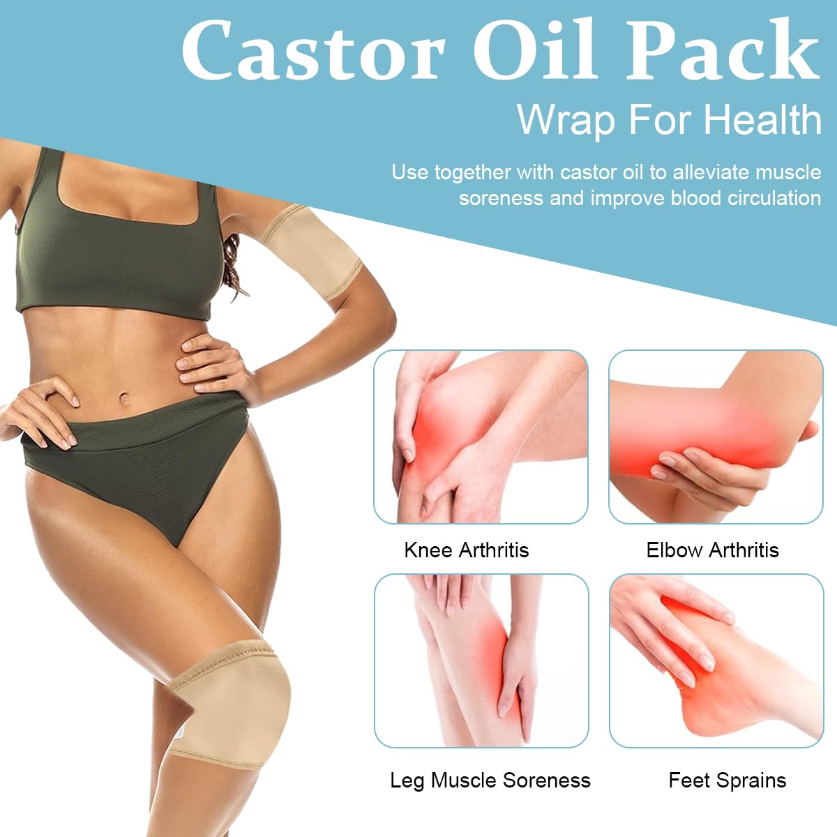 MAYCREATE Castor Oil Pack Wrap for Knee Therapy with Adjustable Elastic Strap | 4PCS Reusable Cotton Pads