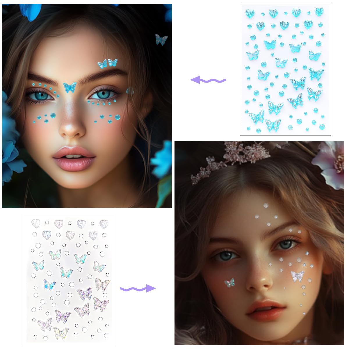 MAYCREATE Face Stickers for Makeup and Hair with 14 Sheets of 3D Crystal Butterflies | Self-Adhesive Acrylic Rhinestones for DIY Crafts and Festivals