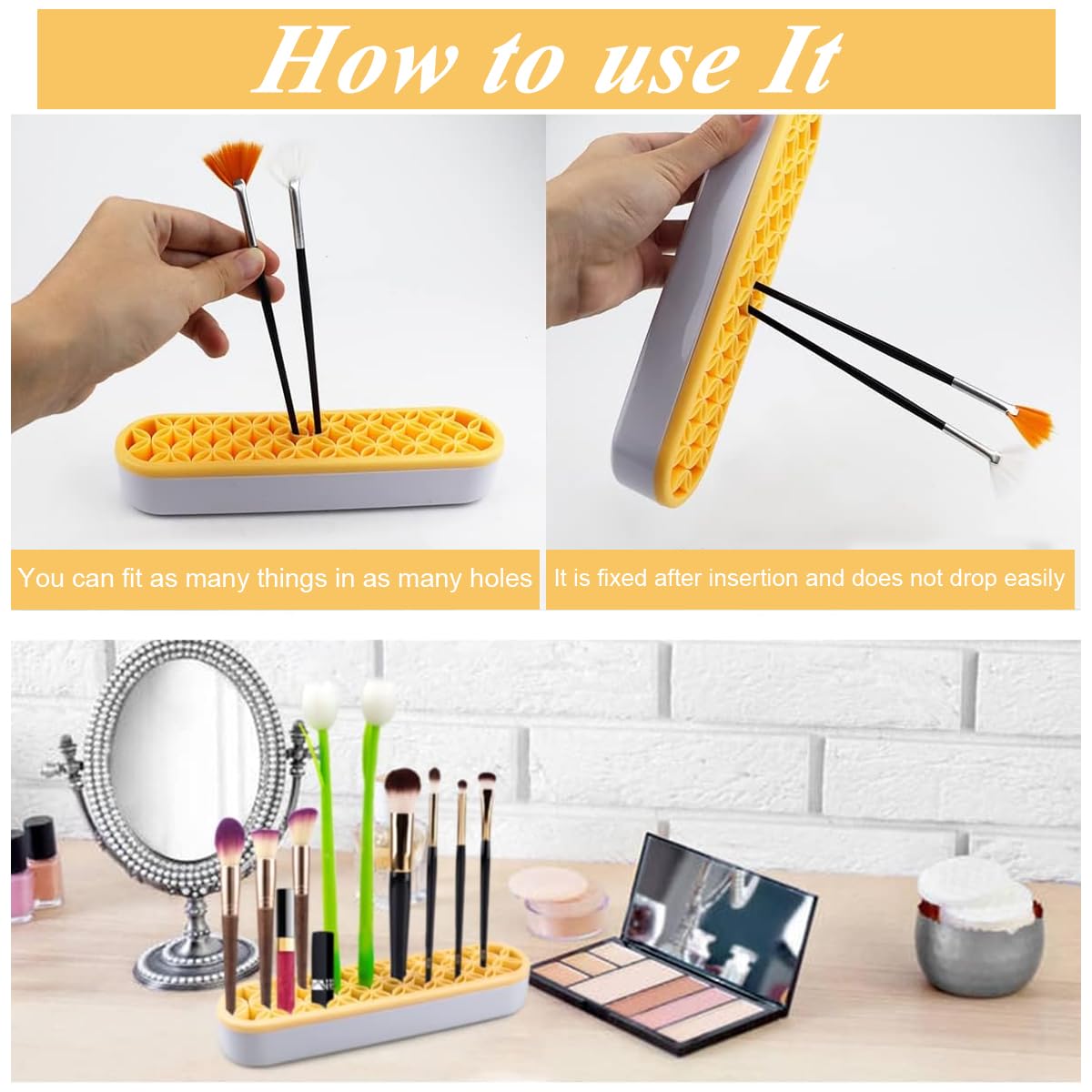 MAYCREATE® Silicone Makeup Brush Holder Multi Slots Makeup Brush Organizer Desktop Makeup Brushes Storage Stand Space Saving Make Up Brush Drying Holder - Yellow