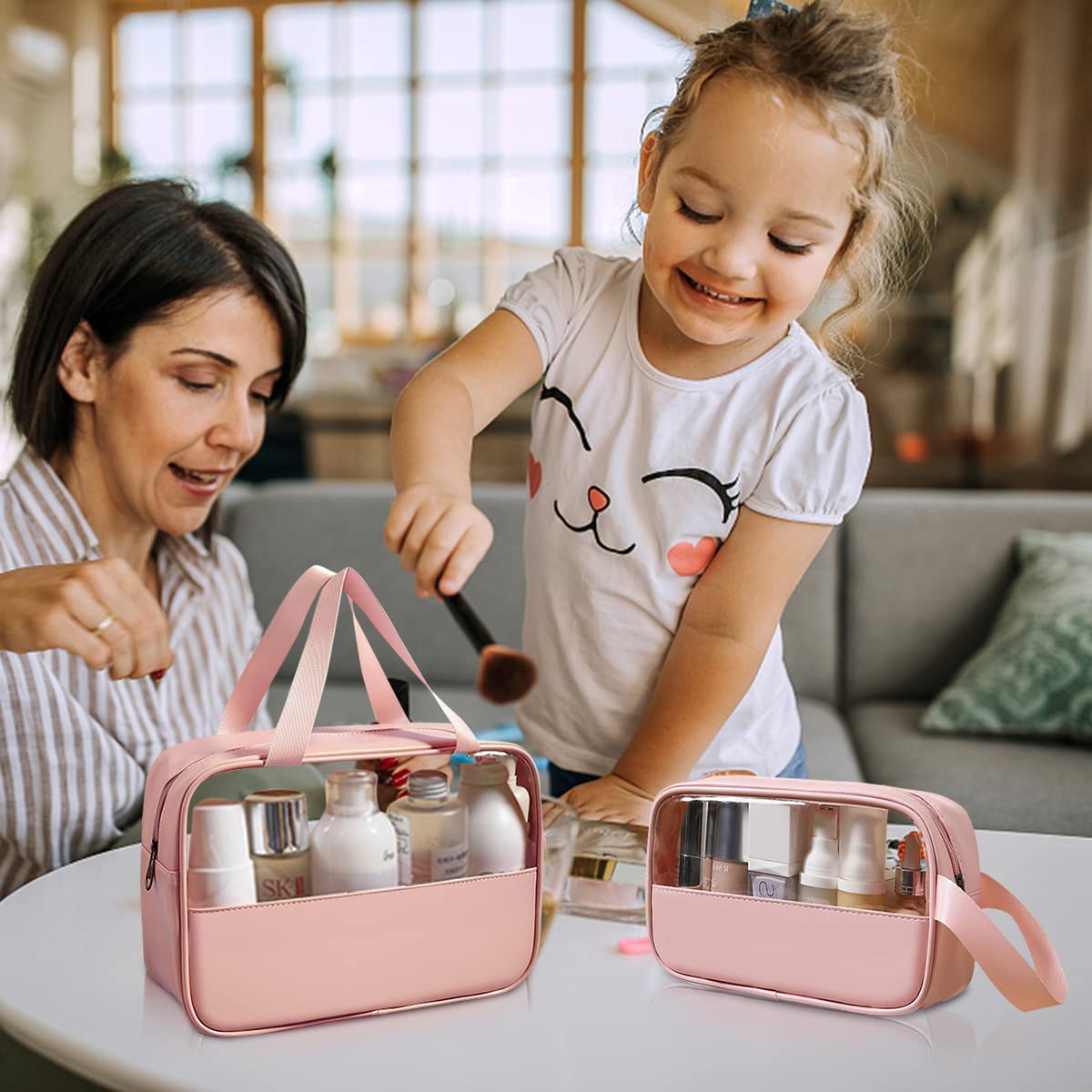 MAYCREATE Makeup Pouch Set for Travel and Home with Reinforced Handle | 3 Pcs Waterproof Rose Pink Bags