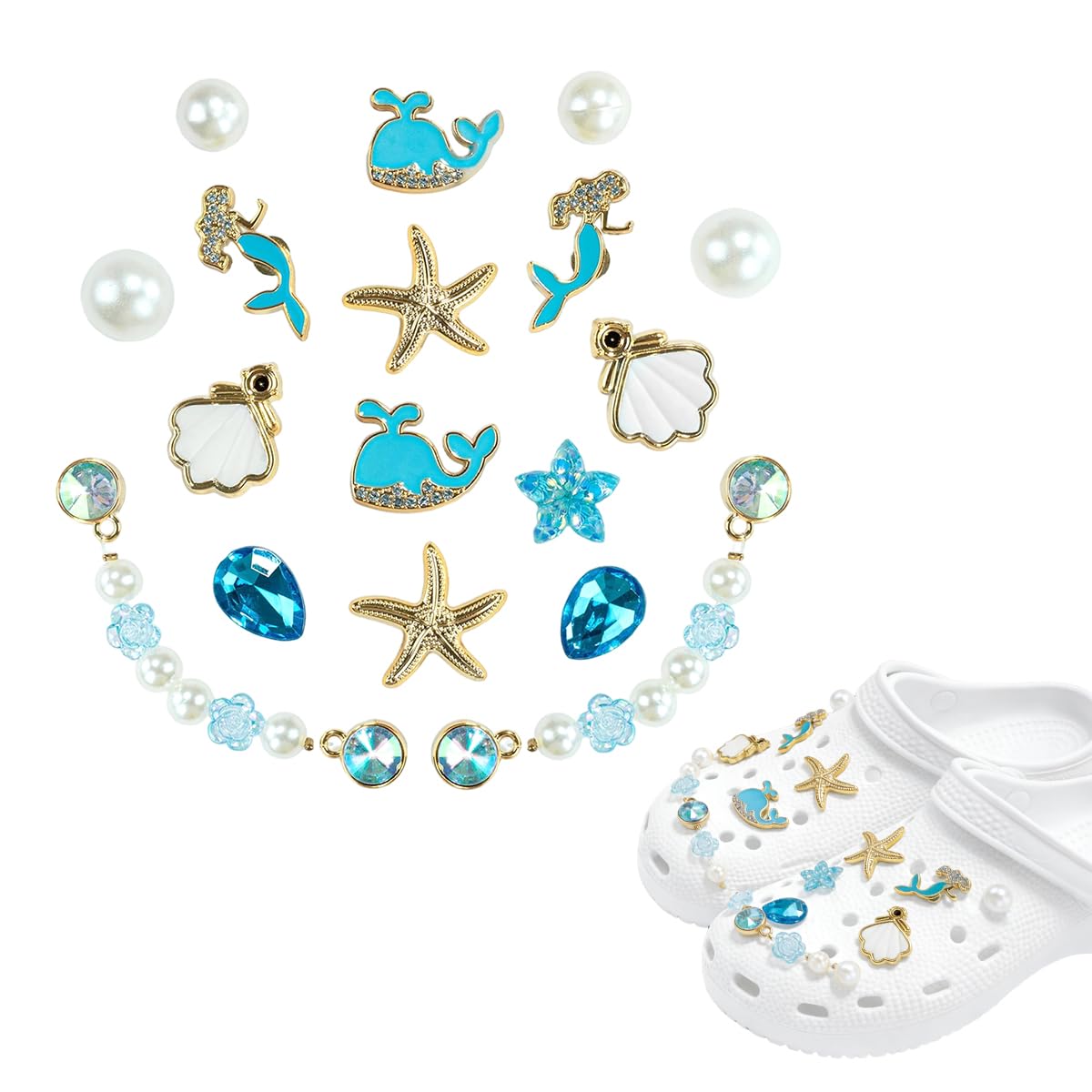 MAYCREATE® Ocean-Themed Shoe Charms Set Mermaid, Whale, Starfish & Seashell Clog Charms with Crystal & Pearl Accents, Cute Beach Croc Charms Accessories for Sandals, Clogs