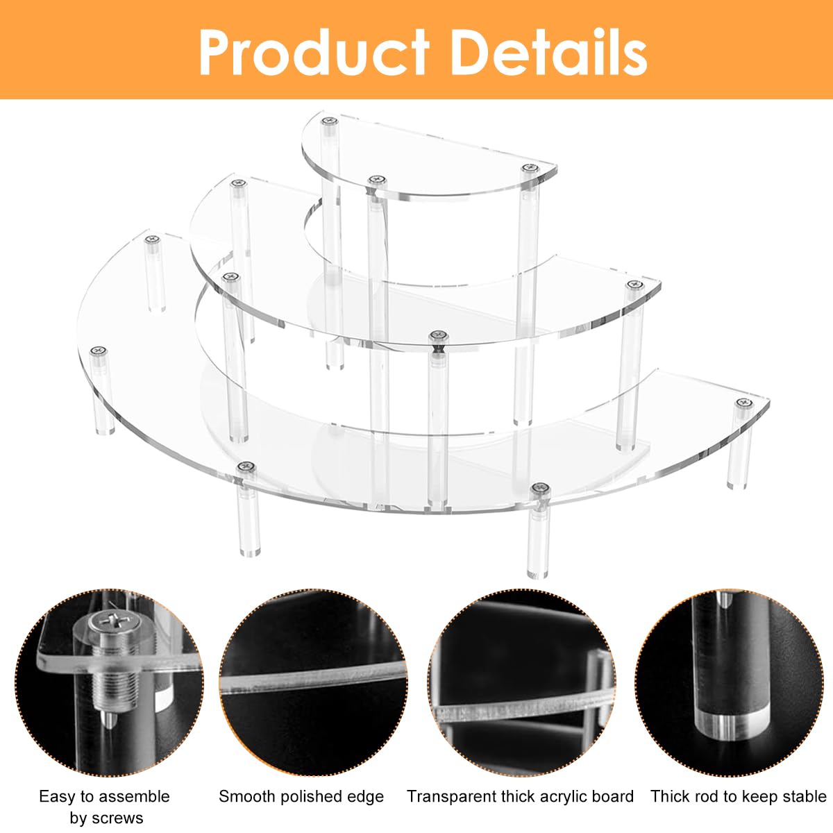 MAYCREATE Acrylic Display Stand for Collectible Figures featuring 3 Tier Semicircle Shelves | Clear Organizer for Desk and Makeup Storage