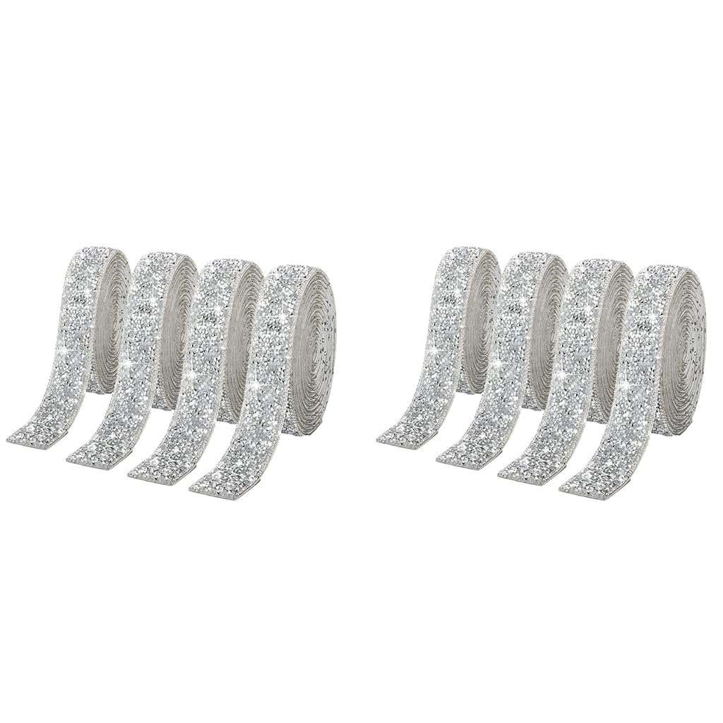 MAYCREATE Self Adhesive Bling Rhinestone Strips for DIY Crafts with 4 Rolls 1 Yard Each | Silver Crystal Ribbon Decoration