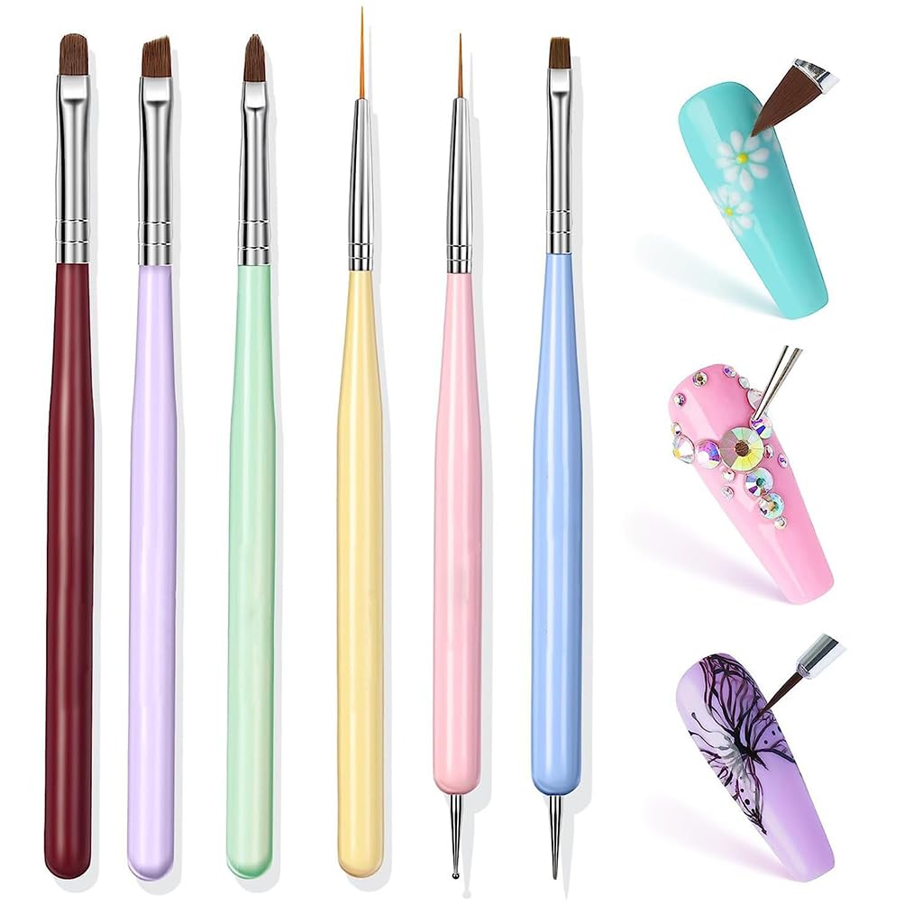 MAYCREATE Nail Art Brush Set for DIY and Salon Use with 6 Pieces & 2‑in‑1 Dotting Tool