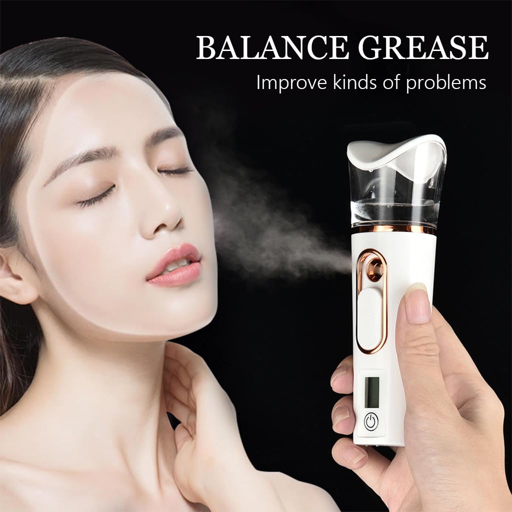 MAYCREATE® 1200mAh Face Mist Sprayer Handy Nano Face Mist Spray Machine USB Cool Mister Facial Steamer with Skin Moisture Tester for Face Moisturizing, Hydration Refreshing (Long Endurance)