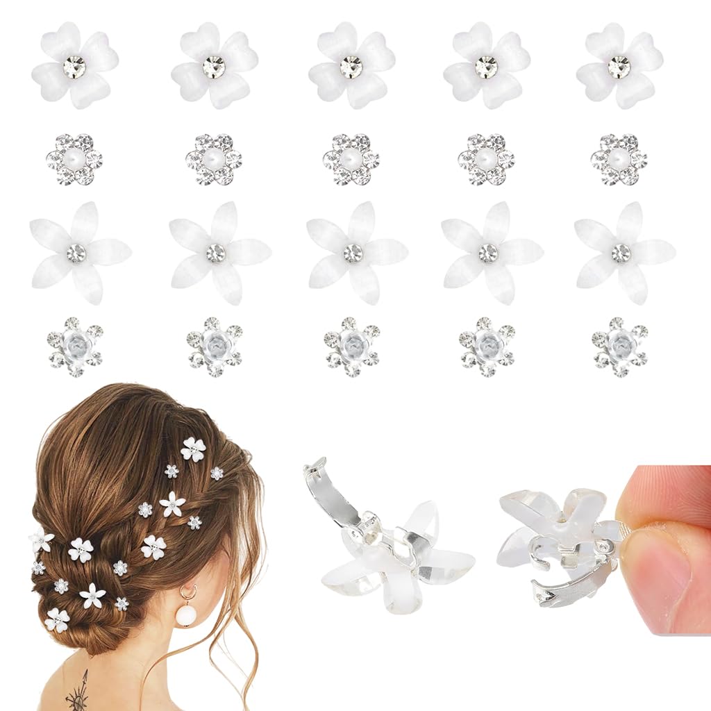 MAYCREATE Hair Clips for Girls with Buckle Clamp Design and Rhinestone Floral Accents | 20pcs White Styling Barrettes
