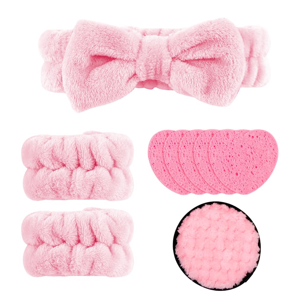 MAYCREATE® 9Pcs Face Wash Kit Face Wash Sponge Pads Pluffy Makeup Remover Pad Pink Bow Face Wash Headband Soft Microfiber Wristband Facial Cleaning Set Facial Supplies