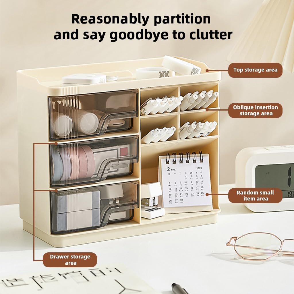 MAYCREATE Desk Organizer for Makeup and Stationery featuring Triple Drawer System | 23.2x11x19.4 cm Multi‑Compartment Storage Box