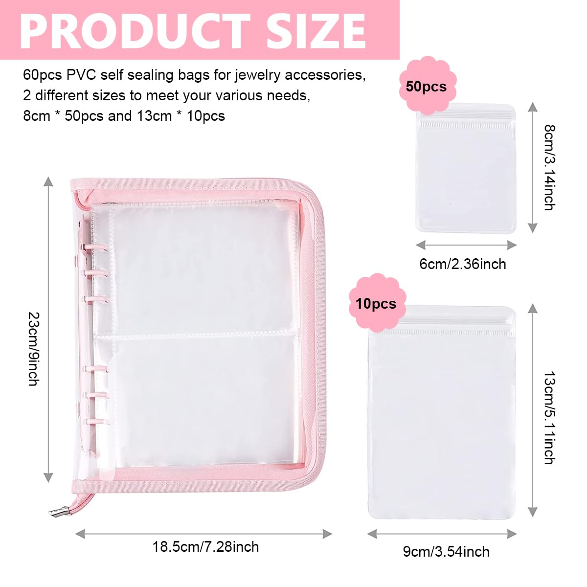 MAYCREATE Jewelry Storage Book with 60 Pockets and Transparent PVC Ziplock Bags | Pink 3 PCS