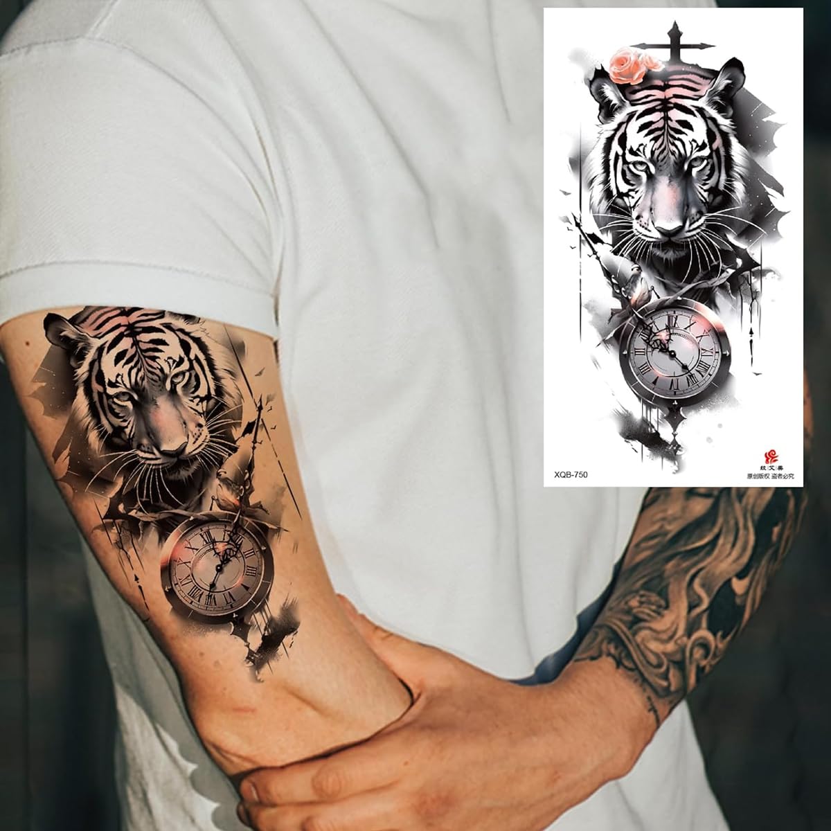 MAYCREATE® Temporary Tattoo for Men Women 34 Sheets Large Arm Band Tattoo Sticker, 3D Realistic Armband Tattoo, Body Half Sleeve Hand Tattoo for Women, Assorted Lion Wolf Tiger Skull Fake Tattoos