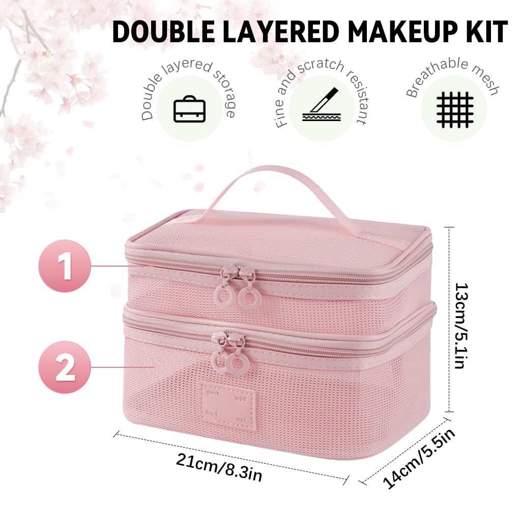 MAYCREATE Makeup Pouch Bag for Travel with Double Layer Organizer Design and Pink Nylon Mesh