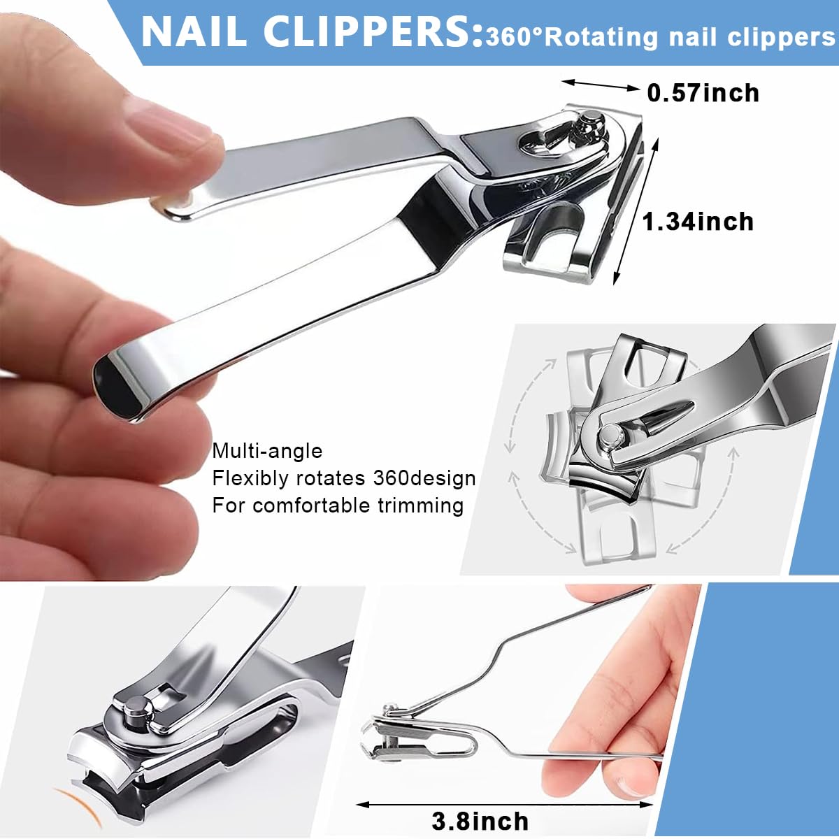 MAYCREATE Toenail Clipper Kit for Ingrown and Thick Nails with Rotatable Clipper | 7pcs Stainless Steel Set for Men and Women