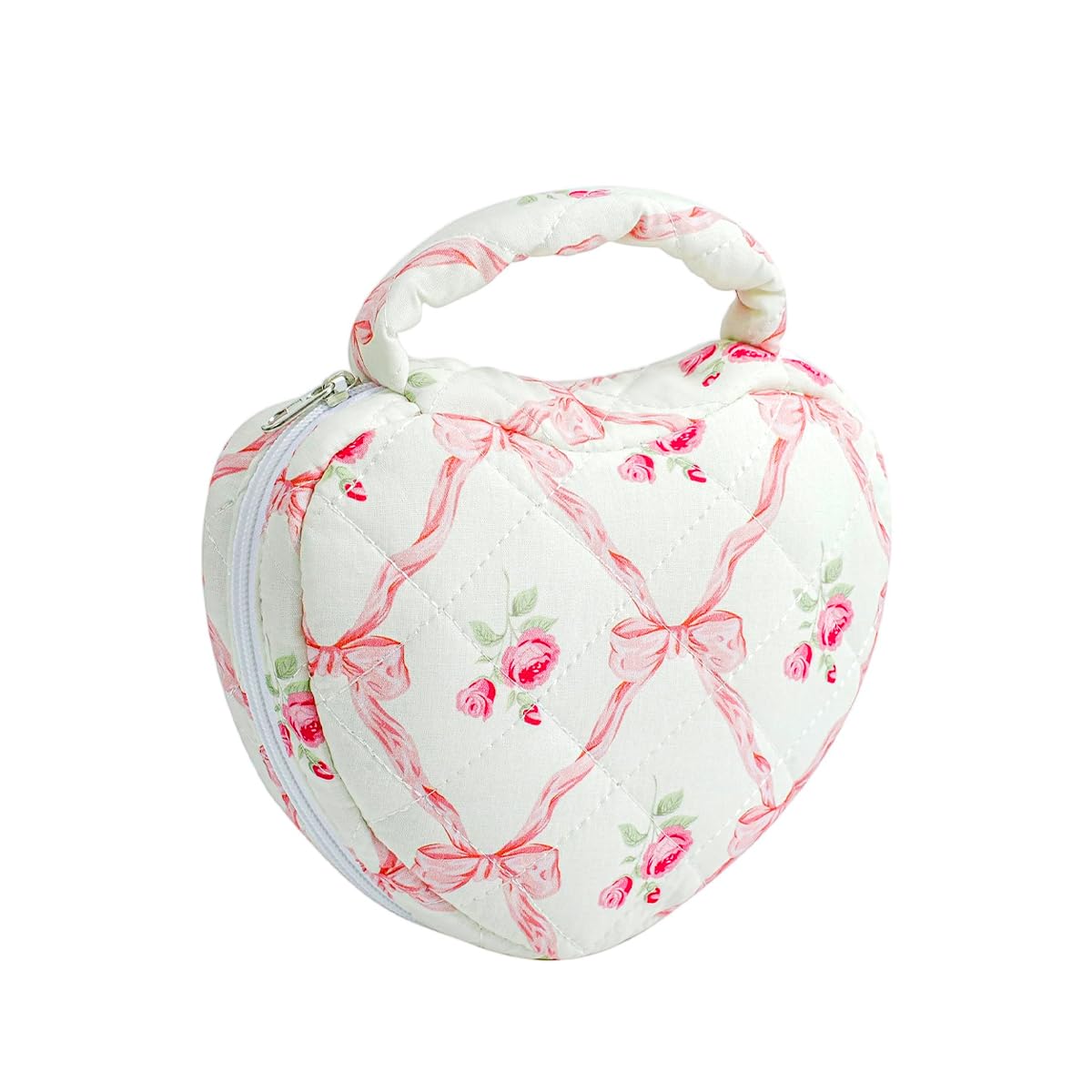 MAYCREATE® Cotton Quilted Makeup Bag Pouch Travel Heart Shaped Cosmetic Bag, Sweet Stylish Pink Rose Bow Pattern Storage Organizer Pouch for Daily & Travel, 18x19x6cm