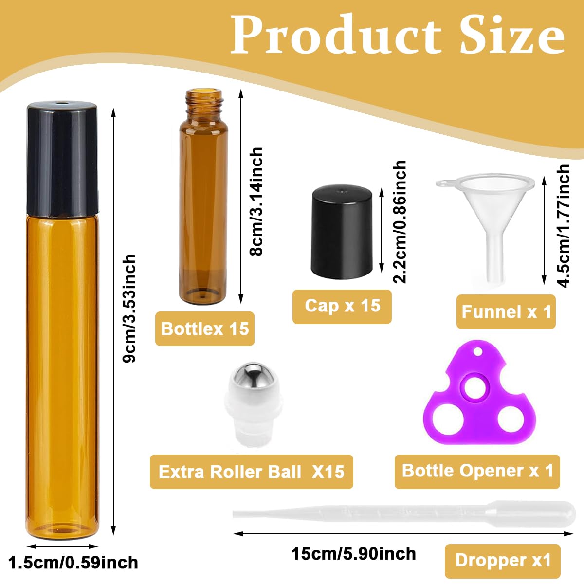 MAYCREATE Glass Roller Bottles for Essential Oils 15 pcs 10 ml featuring Stainless Steel Roller Bead and Amber Glass | Includes Funnel & Cap Opener